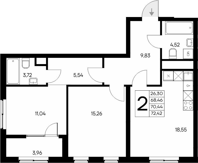 Планировка — Листория, 2-комн., 68 м²