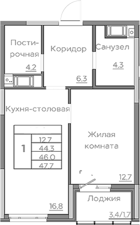 Планировка — Береговой, 2-комн., 44 м²