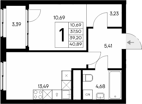Планировка — Листория, 1-комн., 38 м²