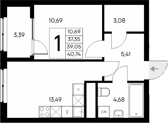 Планировка — Листория, 1-комн., 37 м²