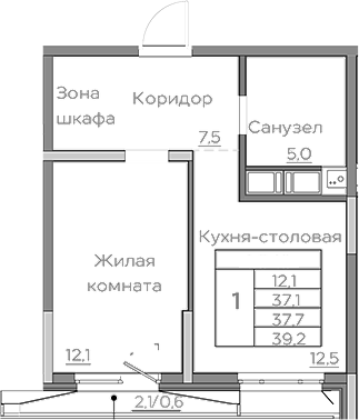 Планировка — Береговой, 1-комн., 37 м²