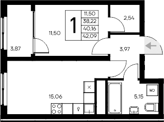 Планировка — Листория, 1-комн., 38 м²