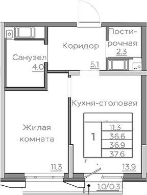 Планировка — Береговой, 1-комн., 37 м²