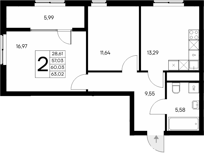 Планировка — Листория, 2-комн., 57 м²