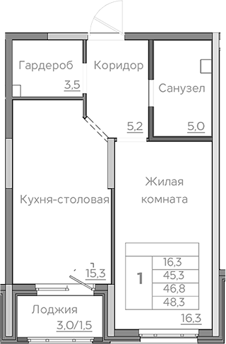 Планировка — Береговой, 2-комн., 45 м²