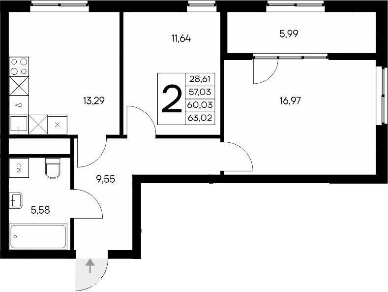 Планировка — Листория, 2-комн., 57 м²