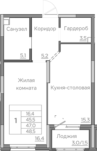 Планировка — Береговой, 2-комн., 46 м²