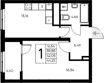 Планировка — Листория, 1-комн., 40 м²