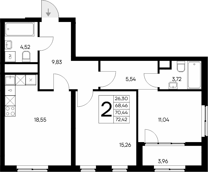 Планировка — Листория, 2-комн., 68 м²