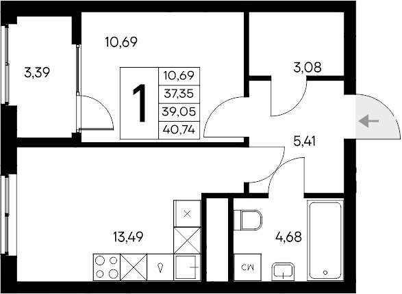 Планировка — Листория, 1-комн., 37 м²