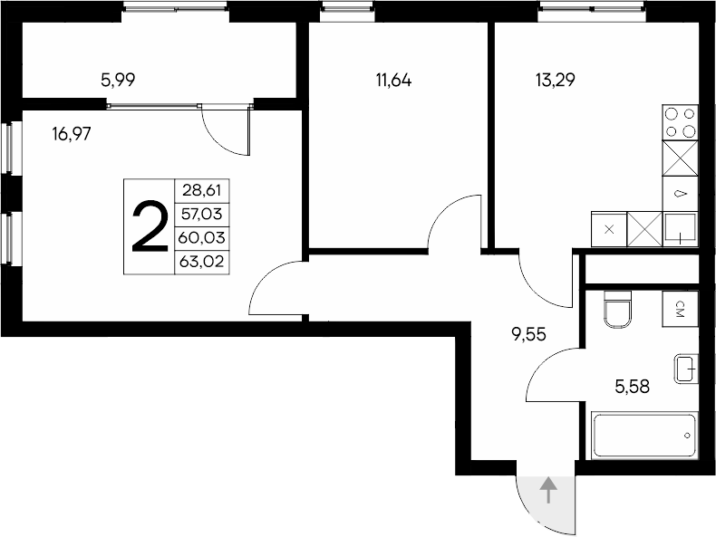 Планировка — Листория, 2-комн., 57 м²