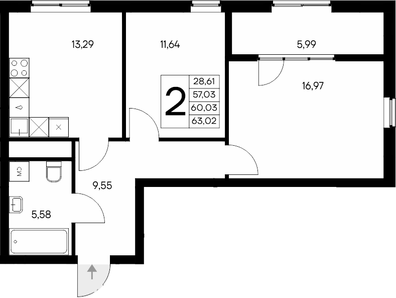 Планировка — Листория, 2-комн., 57 м²