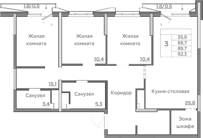 Планировка — Береговой, 4-комн., 89 м²