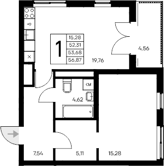 Планировка — Листория, 1-комн., 52 м²