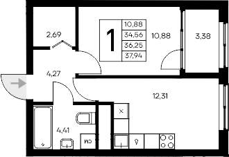 Планировка — Листория, 1-комн., 35 м²