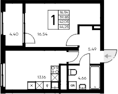 Планировка — Листория, 1-комн., 40 м²