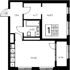 Планировка — Листория, 1-комн., 51 м²
