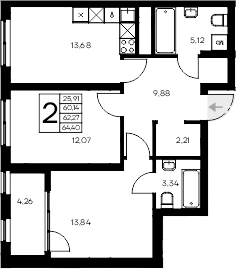 Планировка — Листория, 2-комн., 60 м²