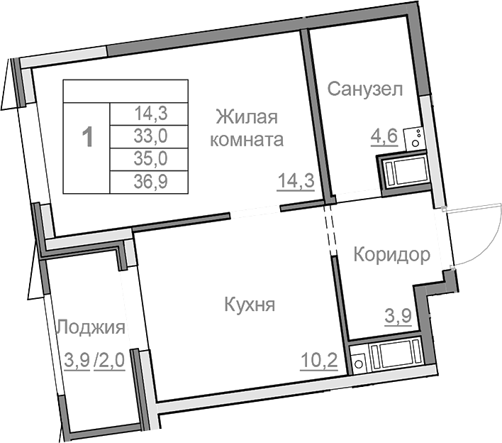 Планировка — Береговой, 1-комн., 33 м²