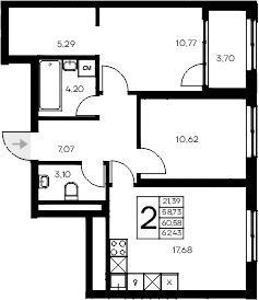 Планировка — Листория, 2-комн., 59 м²