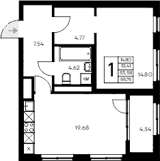 Планировка — Листория, 1-комн., 51 м²