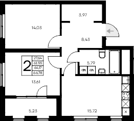 Планировка — Листория, 2-комн., 62 м²