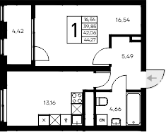 Планировка — Листория, 1-комн., 40 м²