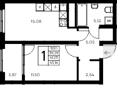 Планировка — Листория, 1-комн., 39 м²