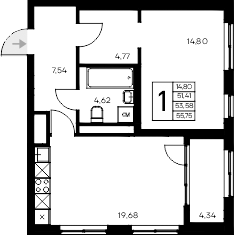 Планировка — Листория, 1-комн., 51 м²