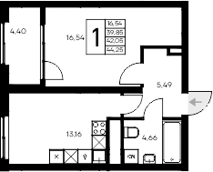 Планировка — Листория, 1-комн., 40 м²