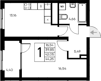 Планировка — Листория, 1-комн., 40 м²