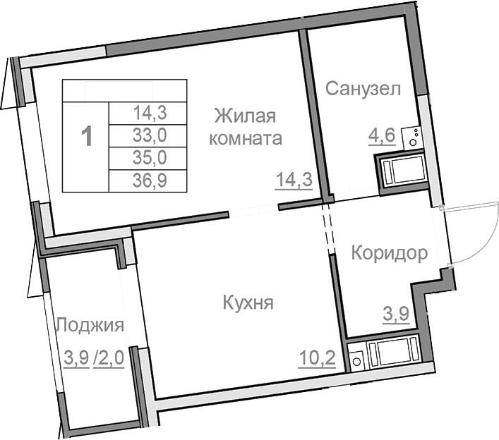 Планировка — Береговой, 1-комн., 33 м²