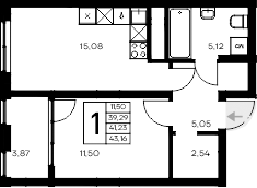Планировка — Листория, 1-комн., 39 м²