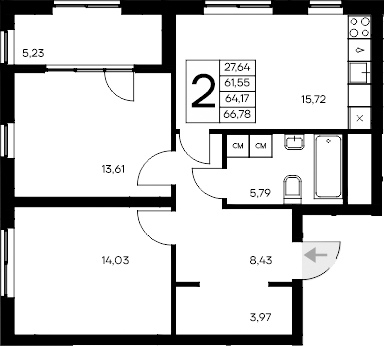 Планировка — Листория, 2-комн., 62 м²