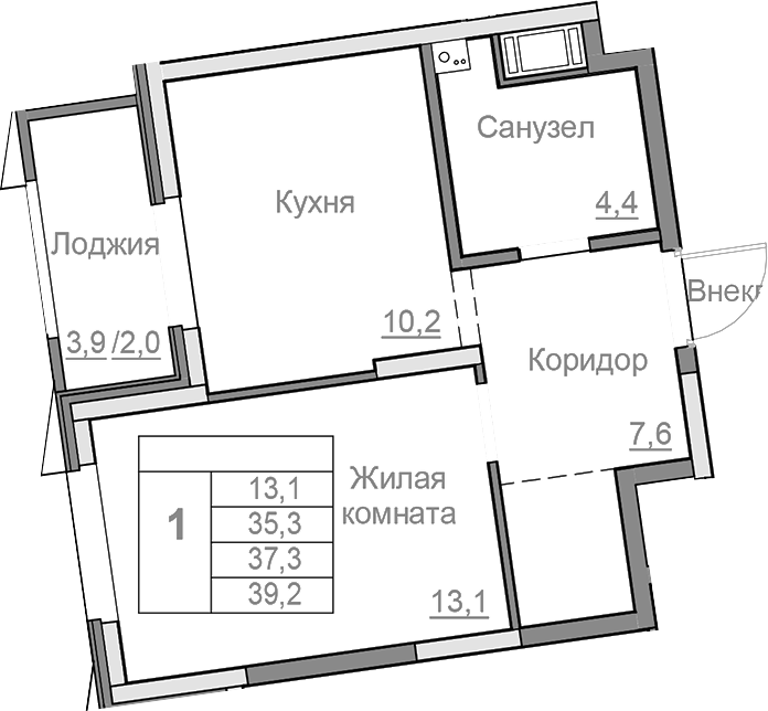 Планировка — Береговой, 1-комн., 35 м²