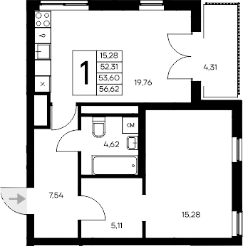 Планировка — Листория, 1-комн., 52 м²