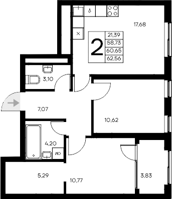 Планировка — Листория, 2-комн., 59 м²