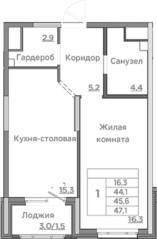 Планировка — Береговой, 2-комн., 44 м²