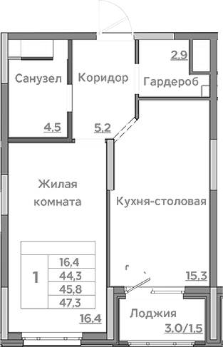 Планировка — Береговой, 2-комн., 44 м²