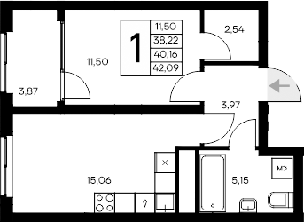 Планировка — Листория, 1-комн., 38 м²
