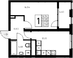 Планировка — Листория, 1-комн., 40 м²