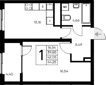 Планировка — Листория, 1-комн., 40 м²