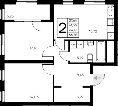 Планировка — Листория, 2-комн., 62 м²