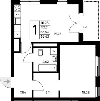 Планировка — Листория, 1-комн., 52 м²