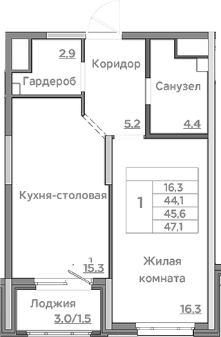 Планировка — Береговой, 2-комн., 44 м²