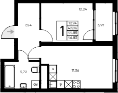 Планировка — Листория, 1-комн., 43 м²