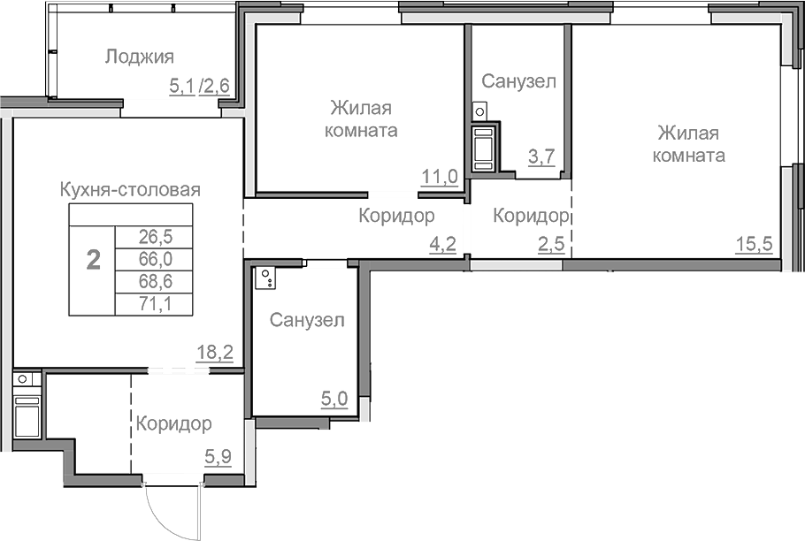 Планировка — Береговой, 3-комн., 66 м²