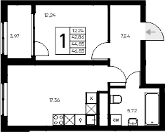 Планировка — Листория, 1-комн., 43 м²