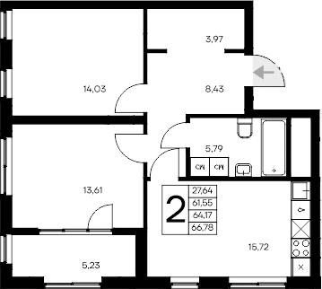 Планировка — Листория, 2-комн., 62 м²