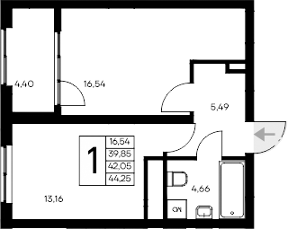 Планировка — Листория, 1-комн., 40 м²